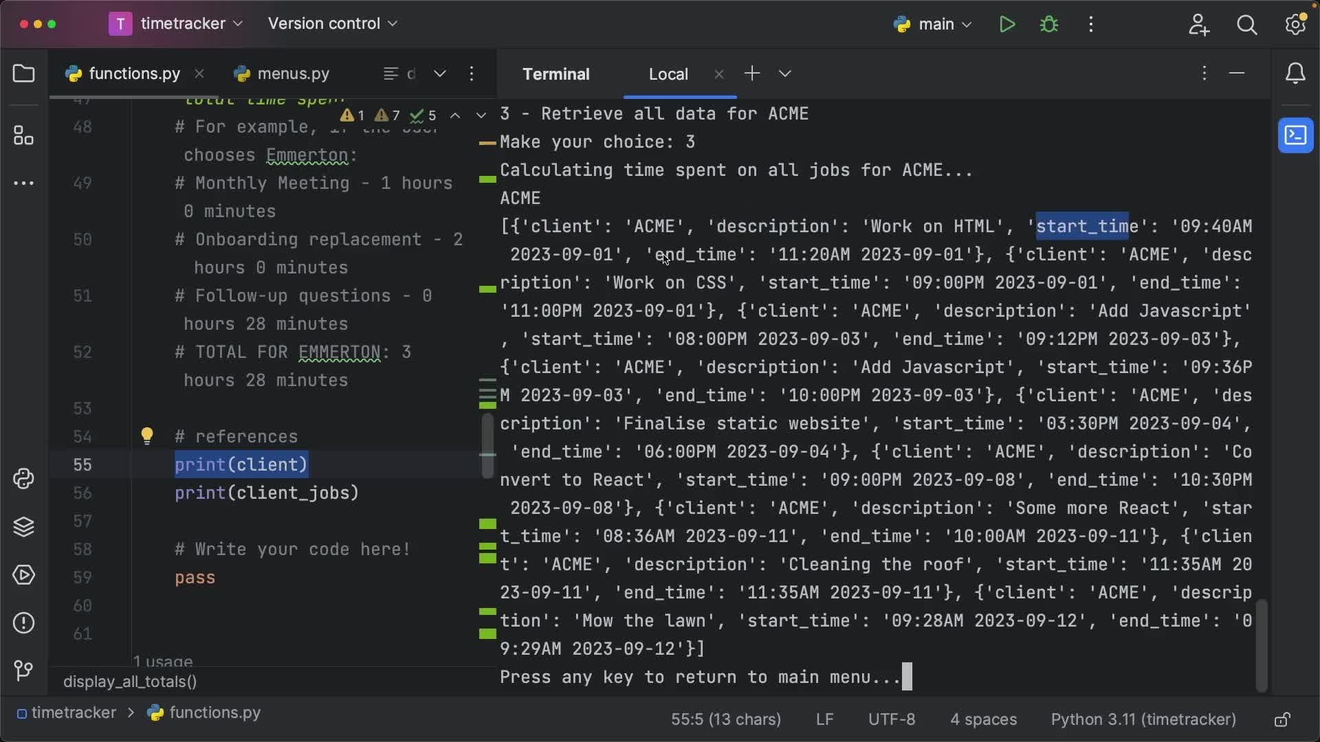 Total hours by client (How To) | Python Dates and Times | Treehouse