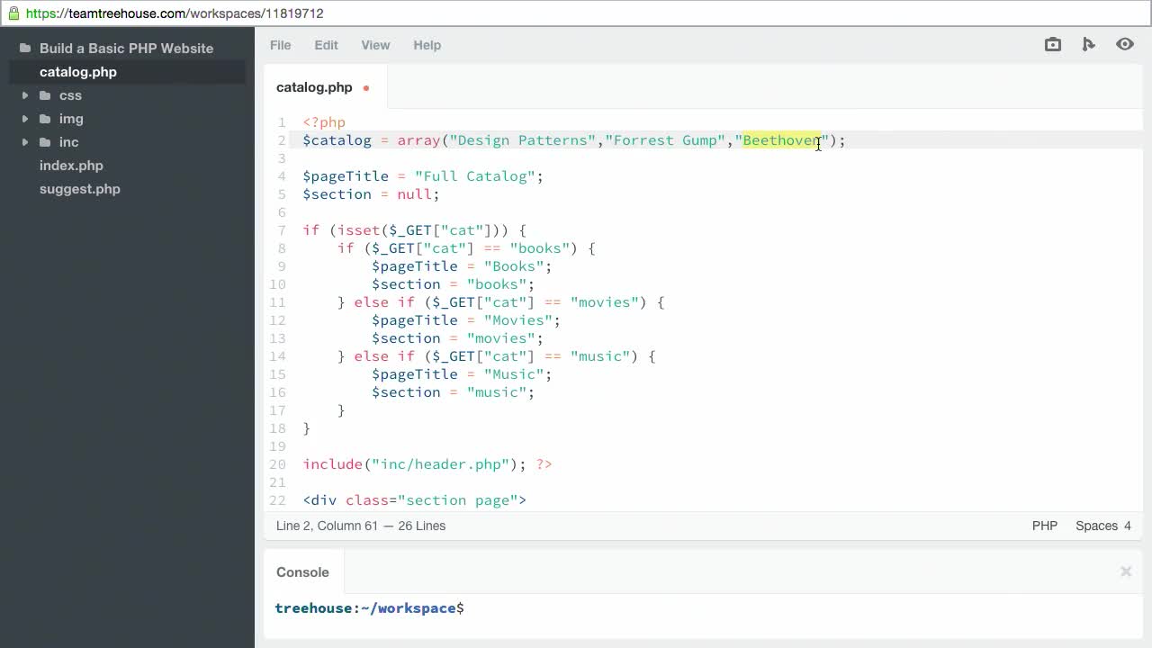 Creating the Catalog Array (How To) | Build a Basic PHP Website | Treehouse